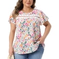 thumbnail image 1 of Blusa de mujer de talla grande Agnes Orinda con flores, cuello redondo de encaje hueco, manga corta, camiseta casual de verano 2X blanca, 1 of 8