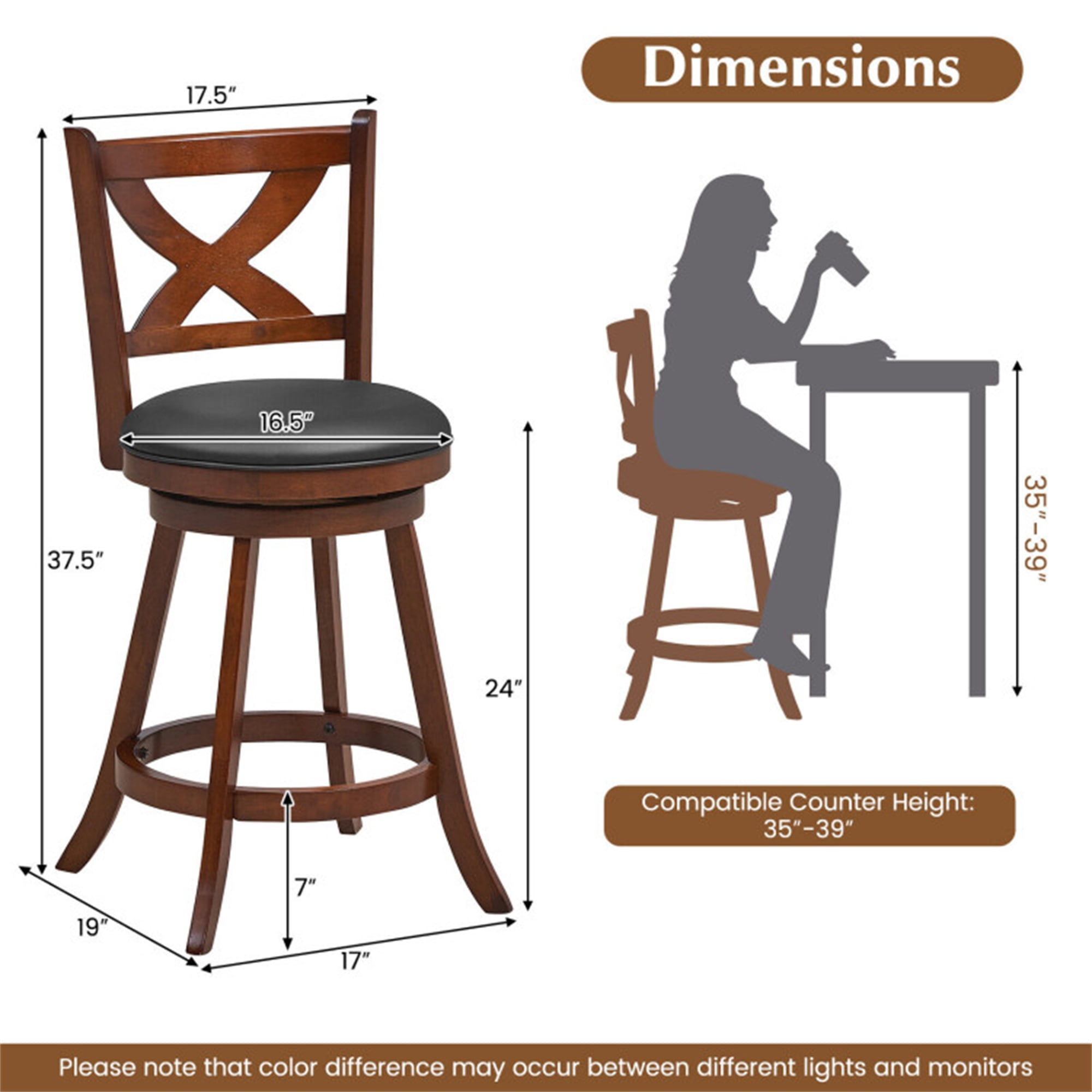 Demi Bonn 24" 2 Pieces Classic Counter Height Swivel Bar Stool Set with X-shaped Open Back, Modern Kitchen Dining Chair, Brown