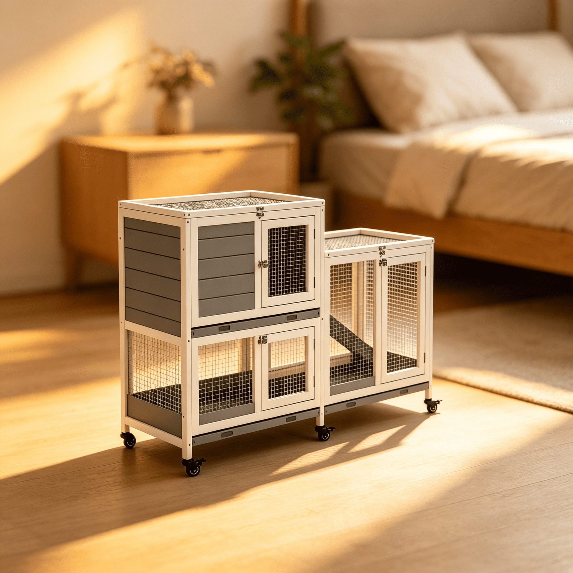 JERFIT 2-Story Wooden Rabbit Hutch with Wheels, Grey and White Small Animal Cage House for Indoor Outdoor Use, Guinea Pig Hutch, Bunny Cage with Ramp, Water Bottle Holder, Easy to Clean