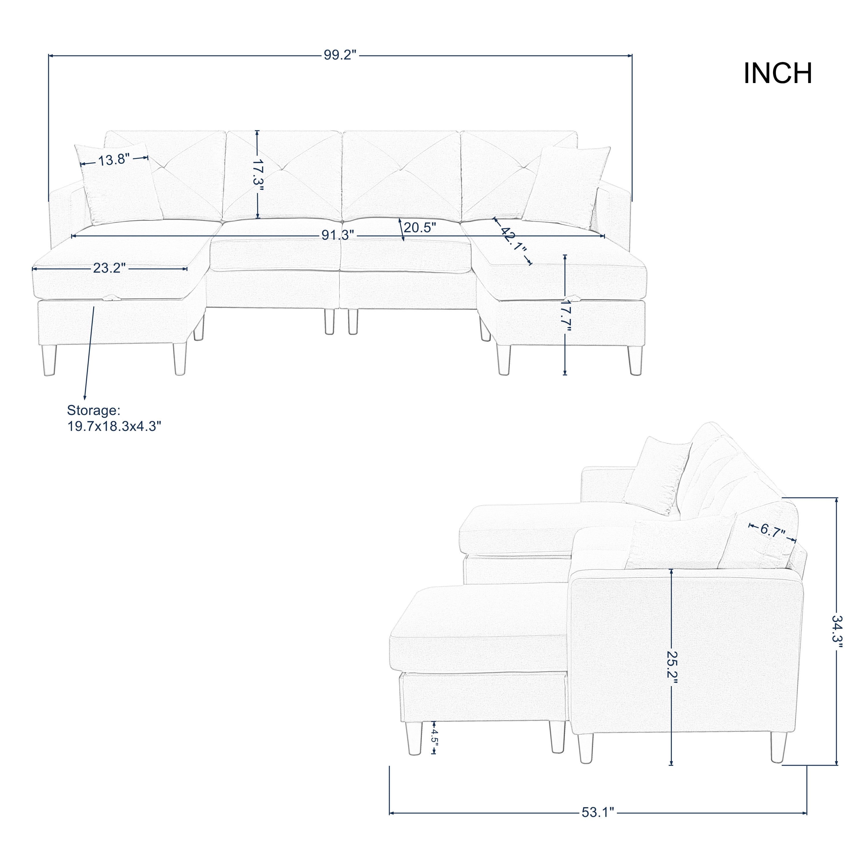 Gewnee 99.2" U-Shaped Sectional Sofa, Linen Upholstered Modular Couch with Storage Ottomans for Living Room, Black