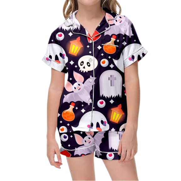 JIAYUE Girls Halloween Pajamas Elegant Adorable Print With Buttons Notch Collar Cozy Short Sleeve Tops And Shorts Sleepwear Set Casual Loose Home Sleep Lightweight Loungewear,10-11 Years