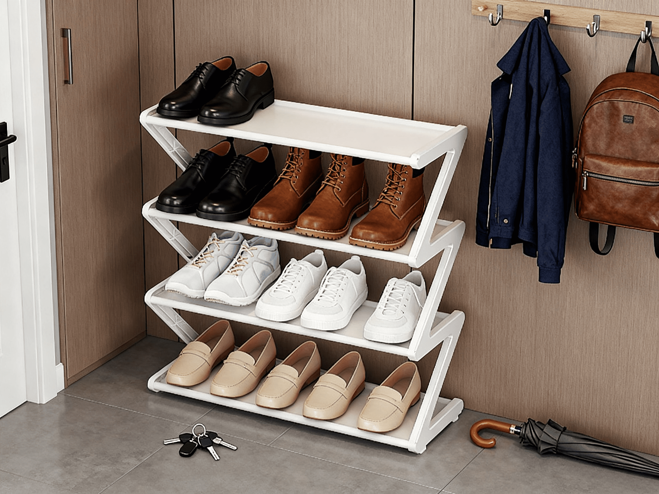 -Use Shoe Rack with Z-Shaped Layer Assembly for Home and Dormitory Storage Sturdy Polyester Construction Non- Space-Saving Organizer and Display Shelf