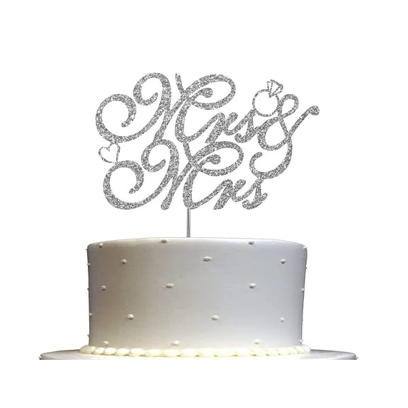 Mrs & Mrs Silver Glitter Cake Topper, Wedding Party Decorations Ideas, Anniversary, Sturdy Doubled Sided Glitter, Acrylic Stick. Made in USA
