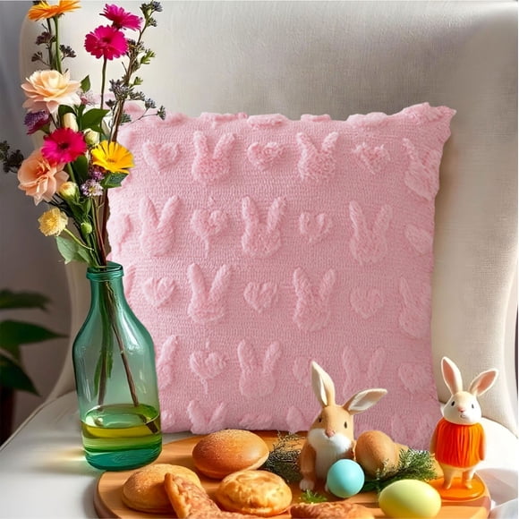 Fasiaou Easter Throw Pillow Covers 18x18 inch 1Pack for Easter Decorations Easter Pink Bunny Rabbit Soft Plush Faux Fur Wool Pillow Covers for Sofa Living Room Couch Bed