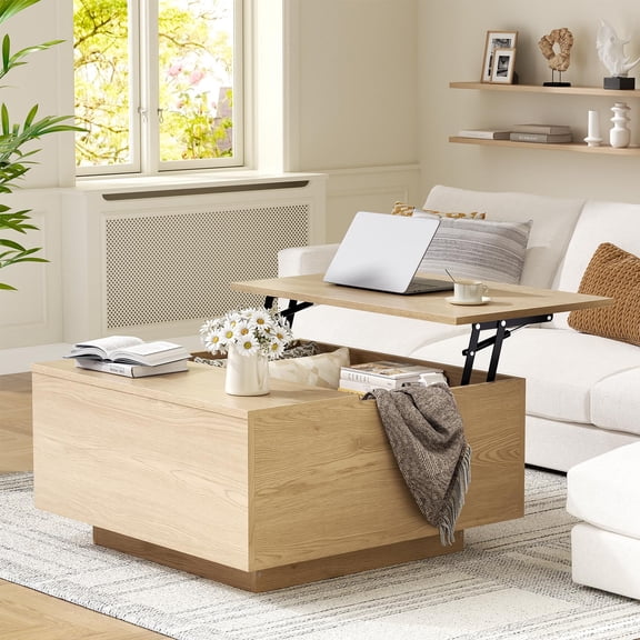 Top Coffee Table In Natural Wood Finish, Square Storage Table For Living