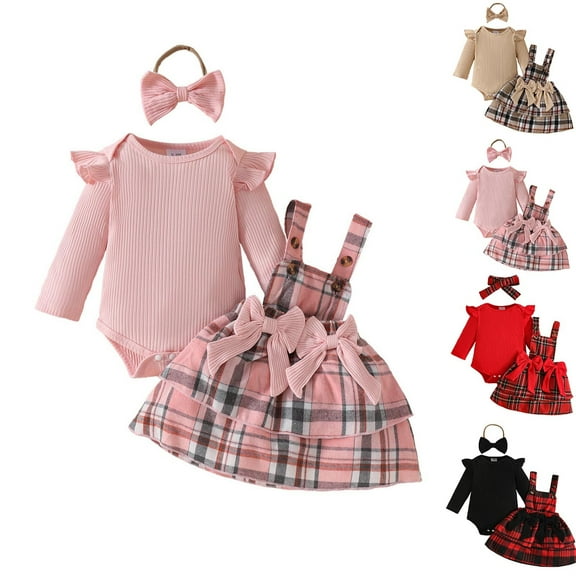 Auroural Baby Girl Clothes 0-3 Months Long Sleeve Sweet And Fashionable Baby Girl Plaid Floral Print Bow Tie Dress Set With Flying Sleeves Long Sleeves Striped Solid-colored Top Headband 0 Months