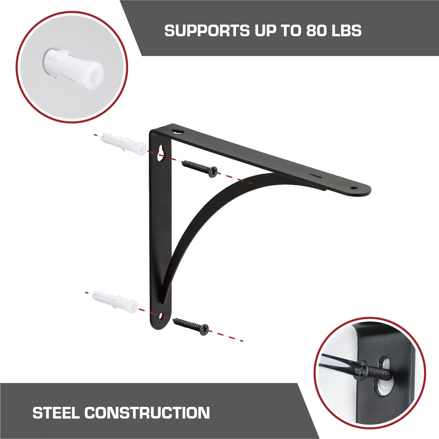 Hyper Tough 9" X 6.5" Curved Shelf Bracket, Black, 4-Pack