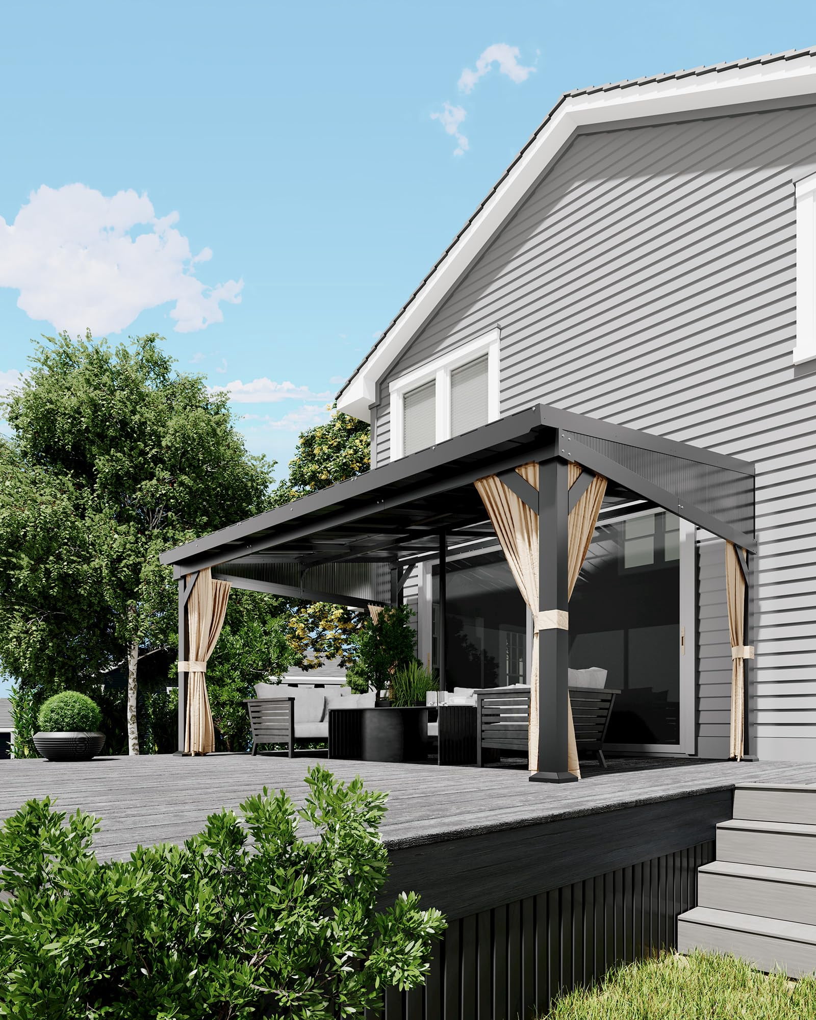 Lumiparty 10x14 ft Wall-Mounted Hardtop Gazebo, Lean-To Pergola with Galvanized Steel Roof, with Mosquito Netting & Privacy Curtains for Backyard, Deck or Carport, Gray