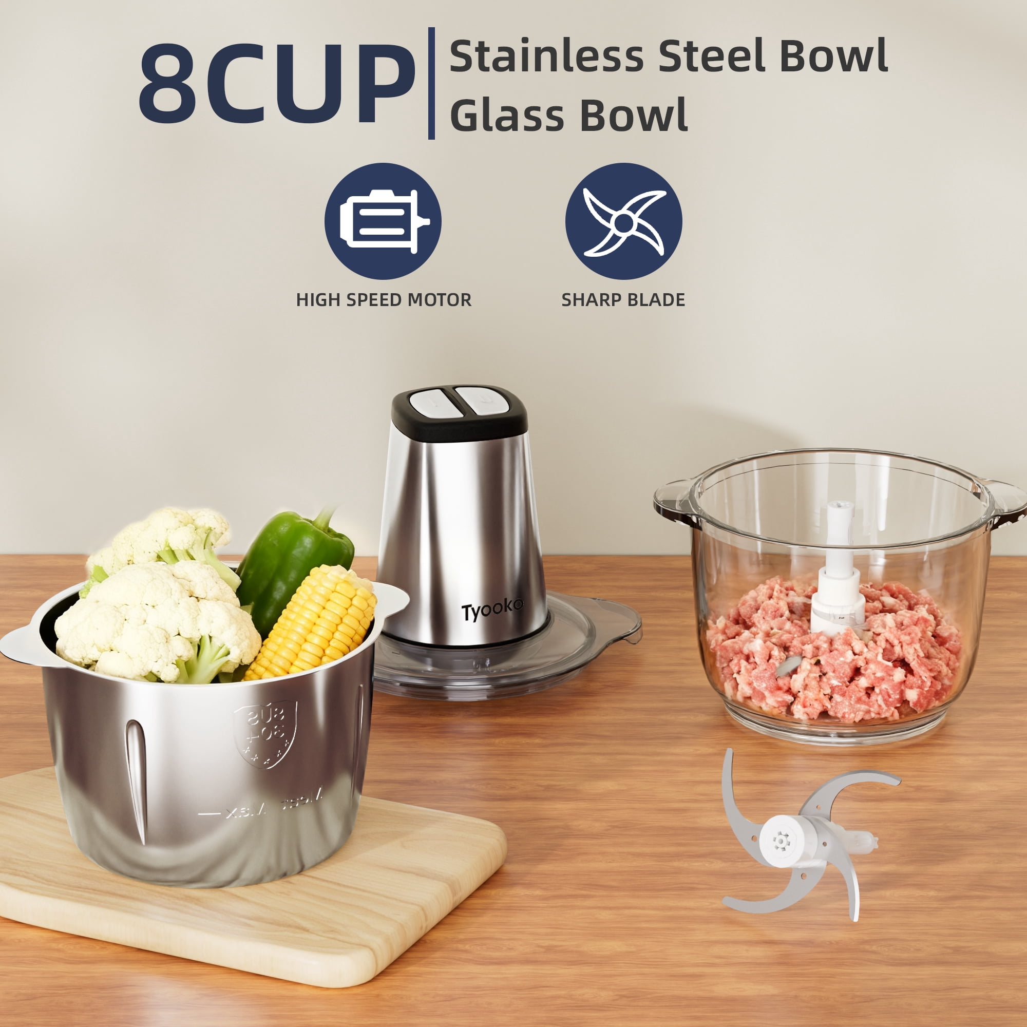 Easy Clean Food Processor Meat Grinder 8-Cup SS Glass Bowls Mixer for Veggie/Pet/Baby Food