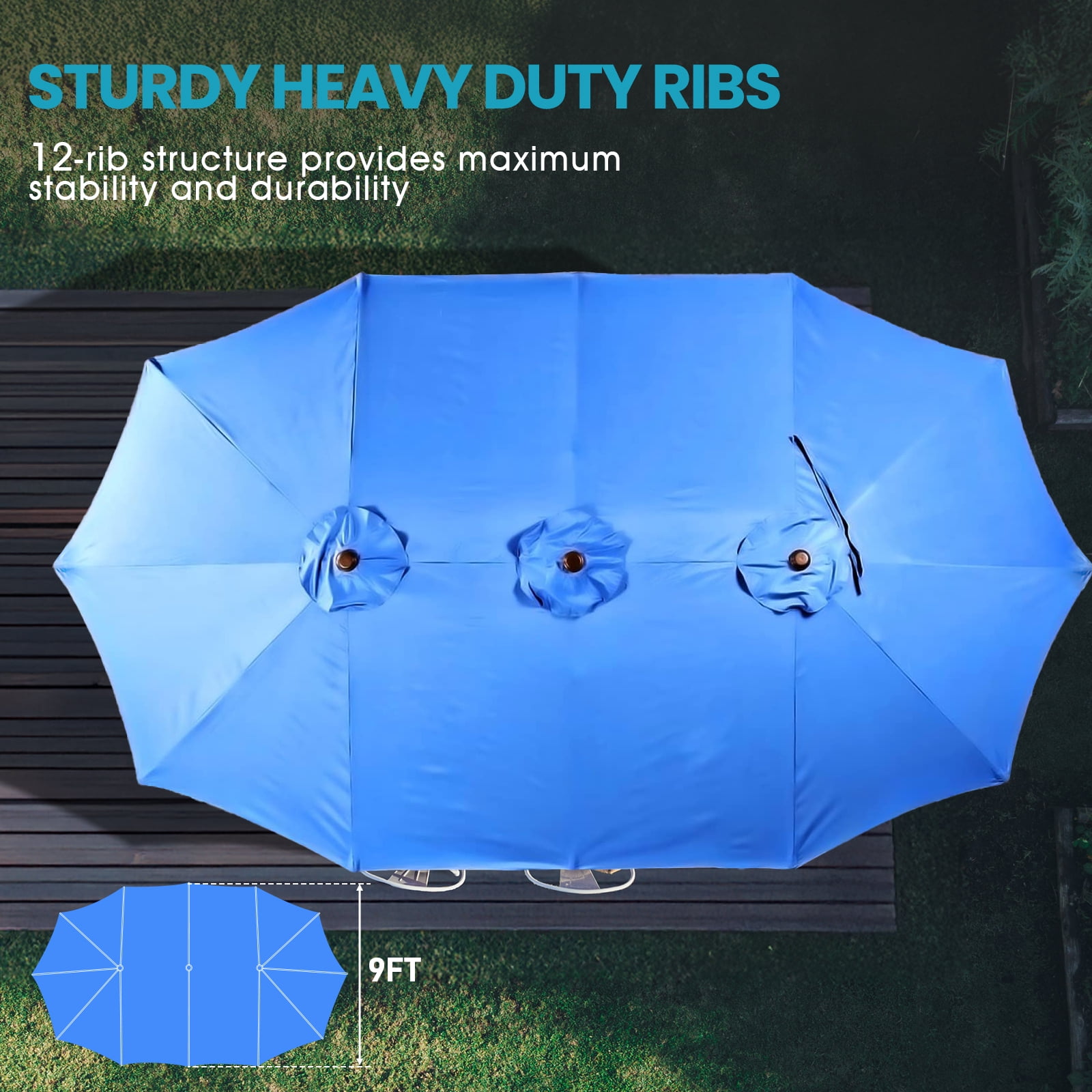 Aoodor 15ft Large Patio Umbrella with Base Stand, Outdoor Double-Sided Rectangle Umbrella - Blue