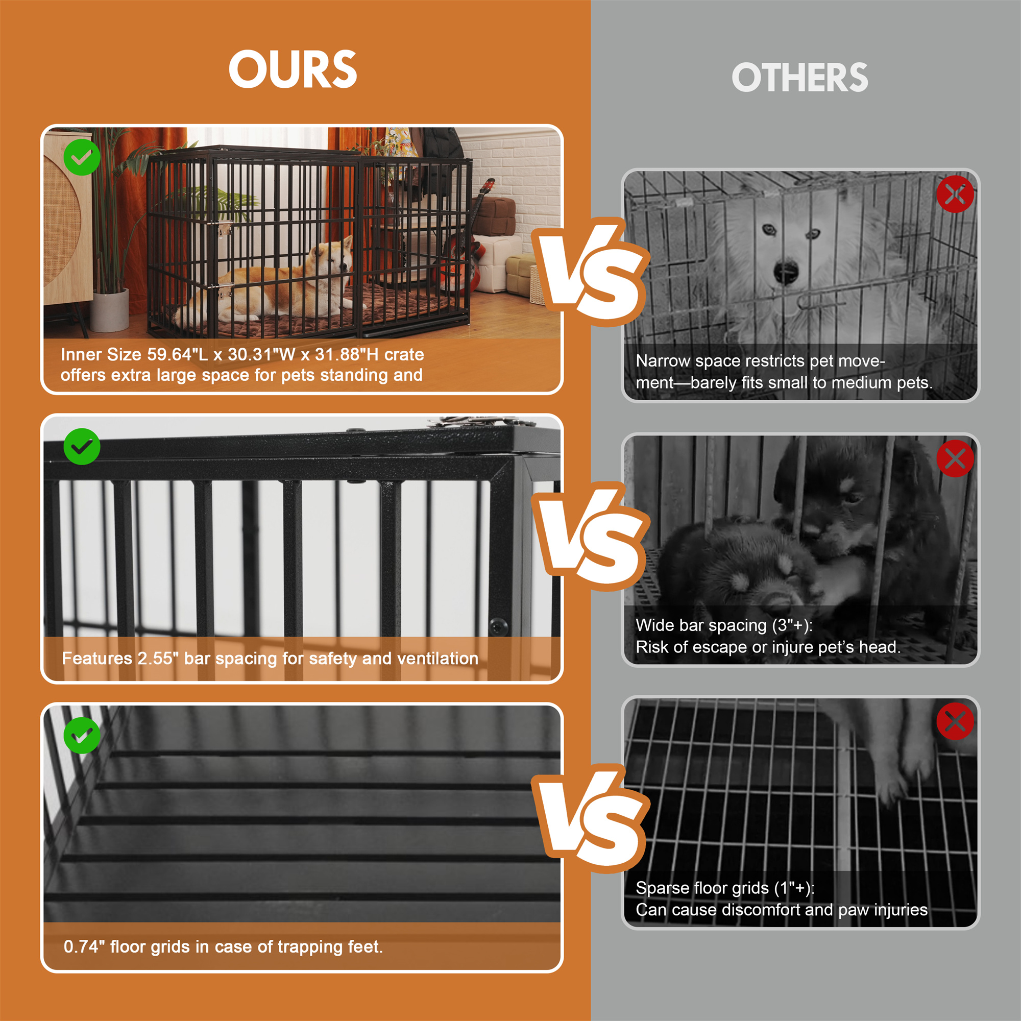 Aukfa 61" Extra Long Indestructible Dog Crate with Comfy Dog Pad for Large Dogs, Heavy Duty Steel Escape Proof Kennel, 2 Door&Removable Tray