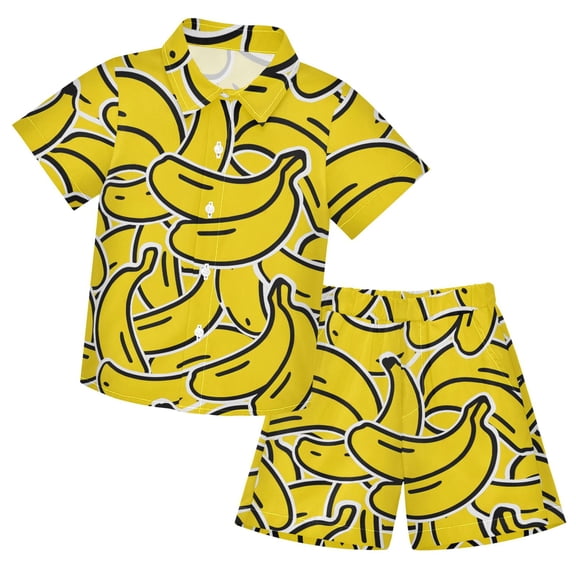 Banana Pattern Boys' Hawaiian Shorts Sets Button Down Shirts 3T-10Y for Beach Vacation