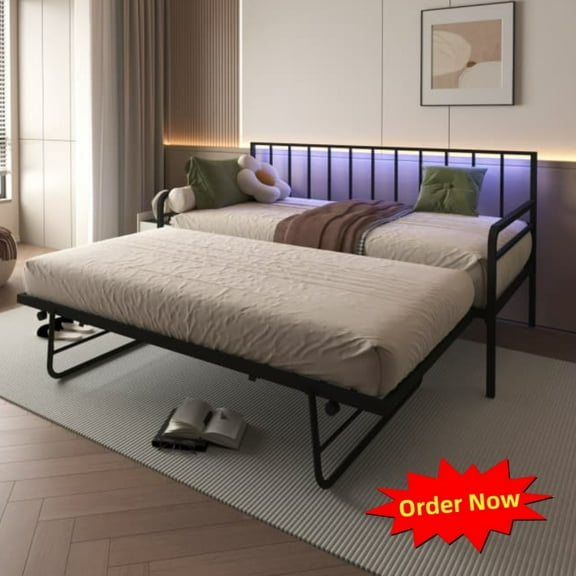 Tcbosik Twin Size Daybed with Pop-Up Trundle, Metal Bed Frame with Charging Station and Charging Station, Sofa Bed for Small Space, Living Room, Guest Room, Bedroom, Black