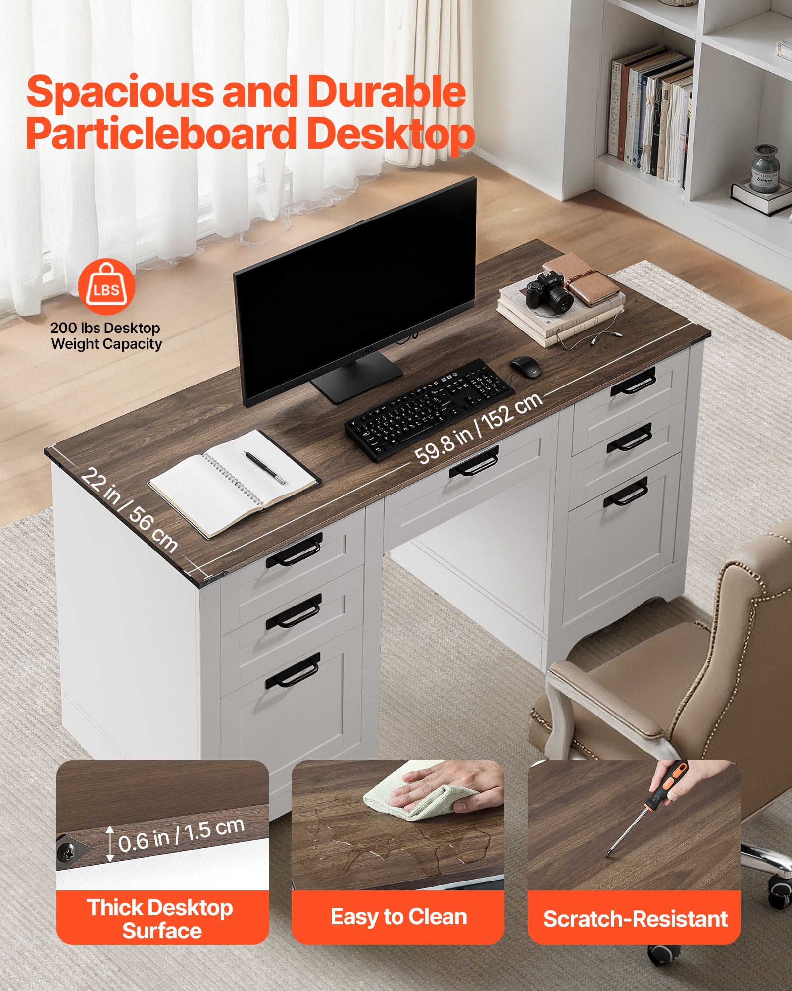 VEVOR Executive Desk, Farmhouse Office Table with Charging Station, Heavy Duty Particle Board Executive Table with Storage Drawers, 200 LBS Load Capacity, Easy Assembly, for Work Study Writing