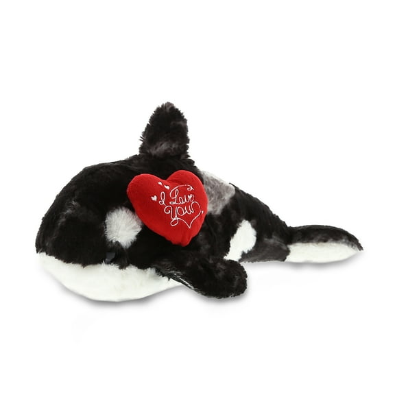 DolliBu I LOVE YOU Plush Wild Large Killer Whale - Cute Stuffed Animal with Heart for Valentines, Anniversary, Romantic Date, Boyfriend, or Girlfriend Gift - 15.5 Inches