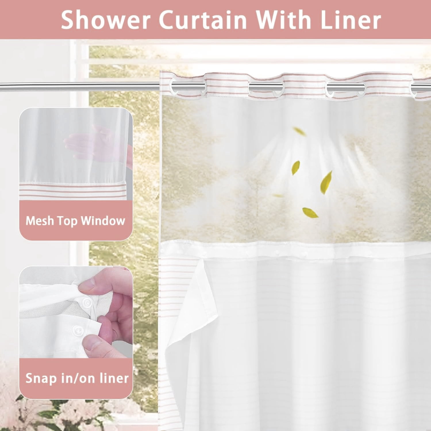 No Hook Shower Curtain with Snap in Liner Set Cotton and Linen Blend Shower Curtain for Bathroom Boho Farmhouse Pink Striped 75" L x 72" W