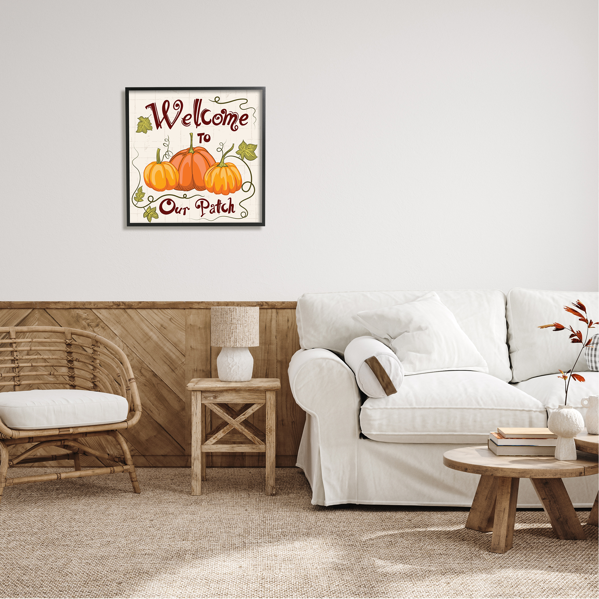Stupell Industries Whimsical Fall Welcome Pumpkins Inspirational Painting Black Framed Art Print Wall Art, 24 x 24
