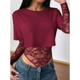 thumbnail image 4 of Justaucorps à Manches Longues pour Femmes en Dentelle Patchwork, Col Ras du Cou, en Maille Transparente, Court, pour Sorties et Fêtes, T-Shirts, Rouge Vin, G, 4 of 9