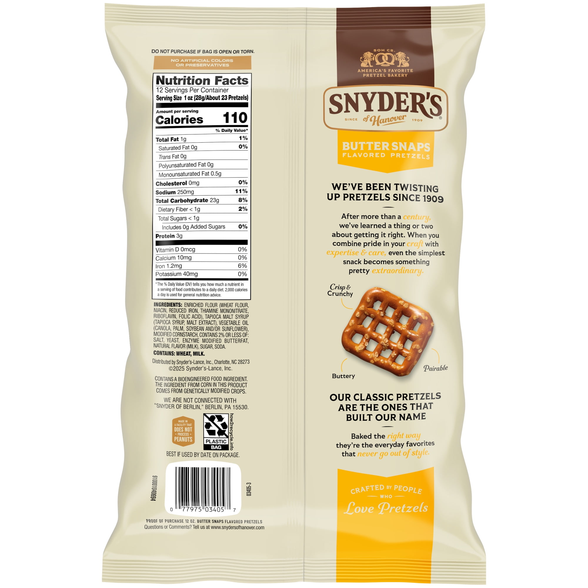(3 pack) Snyder's of Hanover Butter Snaps Pretzels, 12 oz Bag