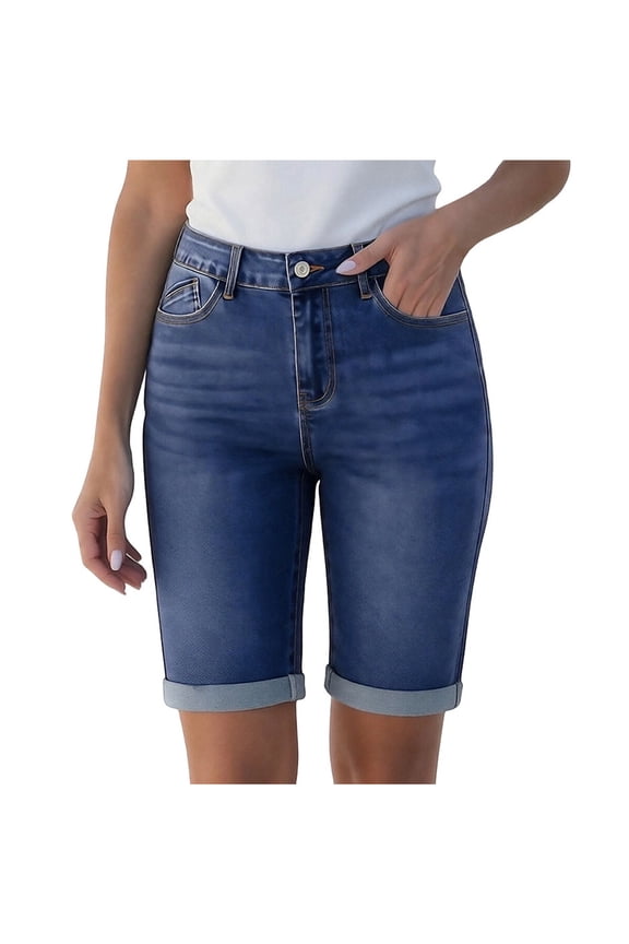 Bermuda Jean Shorts for Women Knee Length High Waisted Cuffed Hem Long Stretchy Denim Shorts Summer Casual Jorts with Pockets