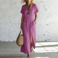 thumbnail image 5 of 2026 Summer Dress for Women Cotton Linen Square Neck Short Sleeve Long Dress with Pockets & Side Slit Beach Sundress, 5 of 7