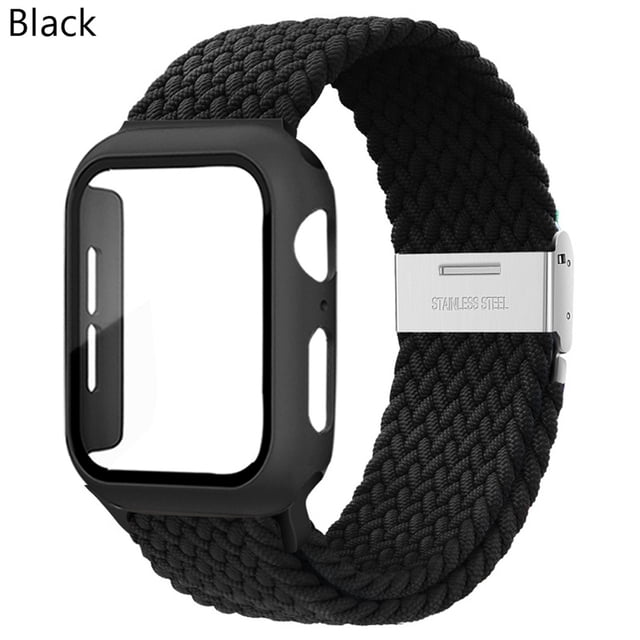LEIXIUER Nylon Band for Apple Watch Bands with Case 45mm 41mm, Adjustable Braided Solo Loop with Glass Screen Protector Case ,Soft Wristband Stretch Nylon Elastic Strap for Apple Watch Series 7 45 mm