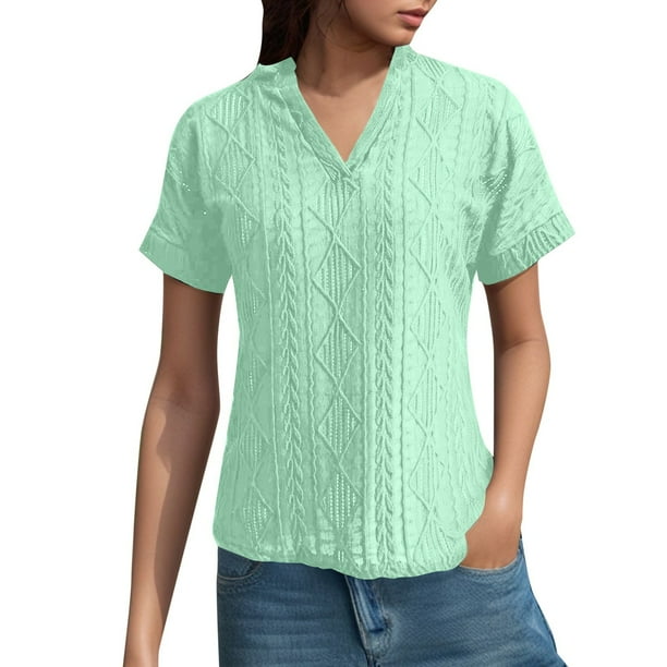 Camisa de punto jacquard holgada con cuello en V para mujer: manga corta, detalle de cordones, informal de verano, fácil de cuidar
