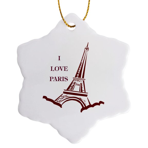 3drose, I Love Paris, 3 inch Snowflake Porcelain Ornament