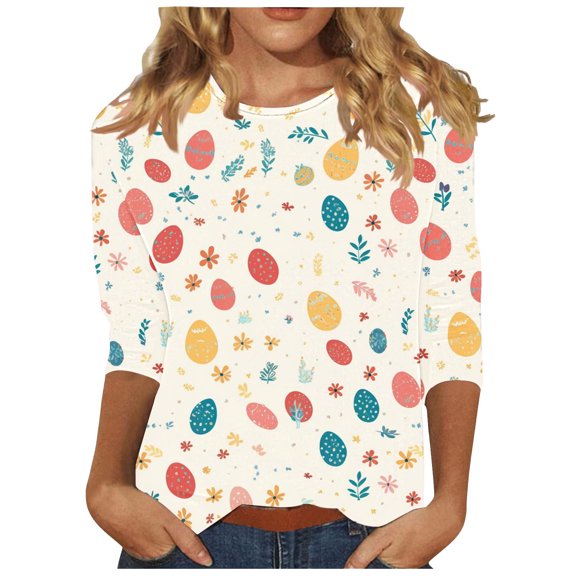 successthop Womens Easter Shirts Egg Festival 3/4 Sleeve Holiday T Shirt Crewneck Beach Tops Summer Vacation Clothes 4XL