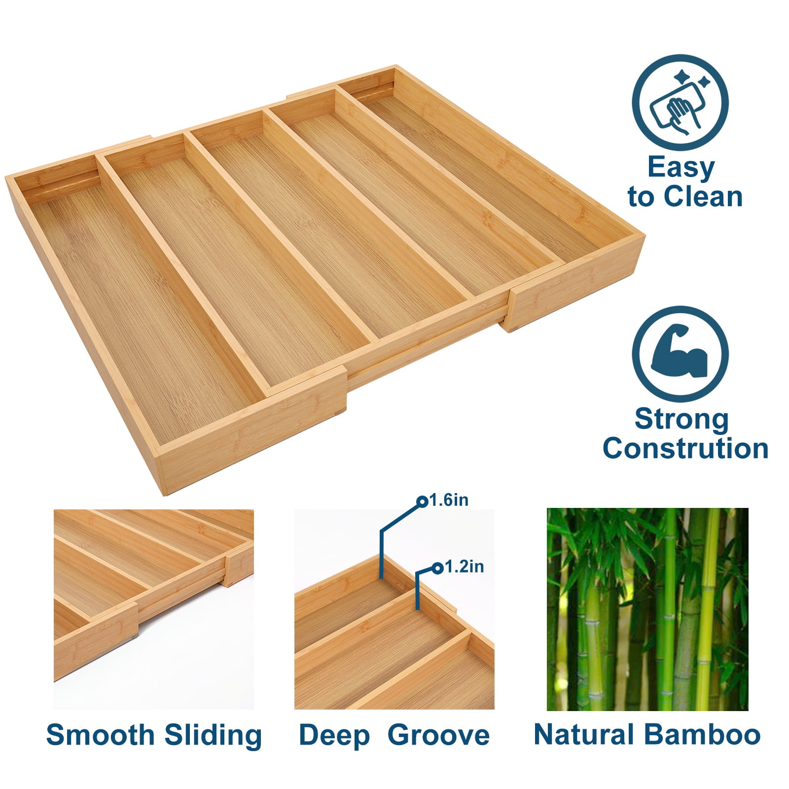 Danfoxer Expandable Kitchen Drawer Organizer,Bamboo Silverware Organizer,Adjustable Flatware Tray for Utensils(16.9*13.3~22.8*1.96)