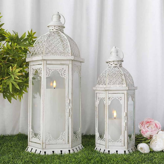 Set of 2 Decorative Candle Lantern 22"&17" H Outdoor Candle Lanterns Vintage Metal Candle Holder for Garden Living Room Indoor Outdoor Parties Weddings Patio Home Decor(White)