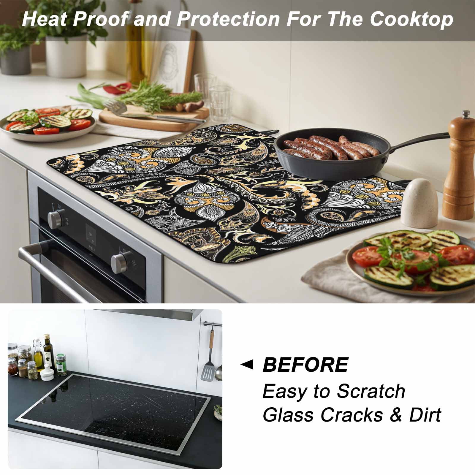 Black Floral Stove Top Cover for Electric Stove, Heat-proof & Non Slip Glass Top Stove Cover Protector, Boho Botanical Vintage Paisley Flower Kitchen Flat Cooktop Rubber Mat 24x21 Inches