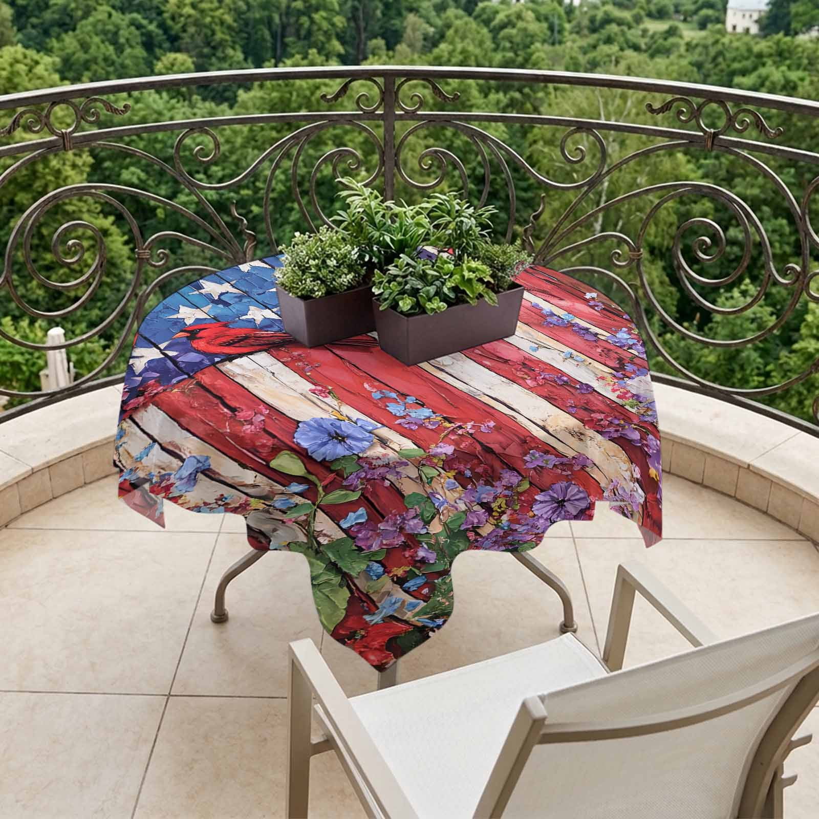 Square Tablecloths, 4th of July Retro USA Flag Bird Waterproof Table Cloths, Red Blue White Wood Floral Spillproof Decorative Dining Table Covers for Kitchen,Indoor Outdoor Parties, Camping 54x54in