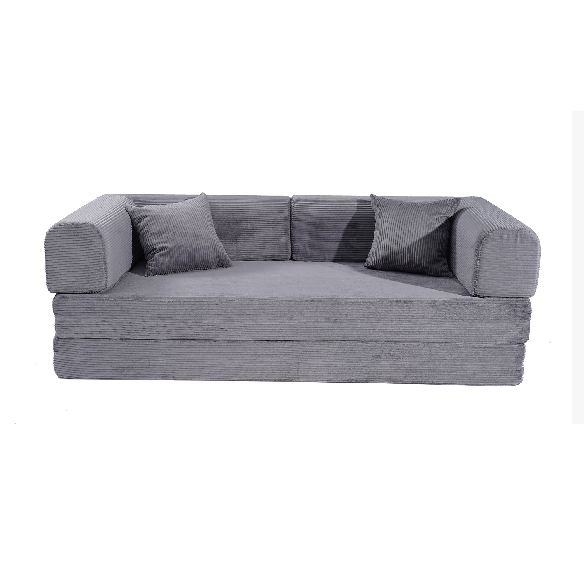 HOQBN Convertible Sofa Bed, Corduroy Fold Out Futon Sleeper Mattress with Pillows, Boneless Folding Floor Couch for Living Room Bedroom Gray