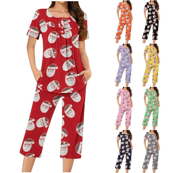 VBTAPA Womens Christmas Pajamas Set 2 Piece Pjs Loungewear Short Sleeve Henley Shirts and Capri Pants Sleepwear Set Lounge Sets Green XL