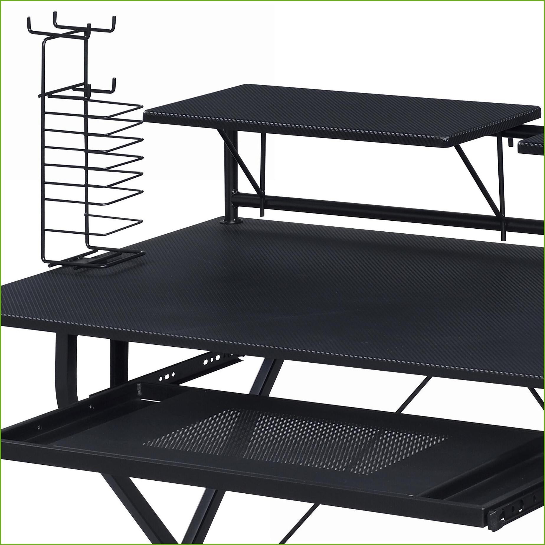 Desks, Industrial Black Wood & Metal Computer Desk with Keyboard Tray, Headset Hooks & Game Rack | 47.5” Wide | Black | Wood+Metal