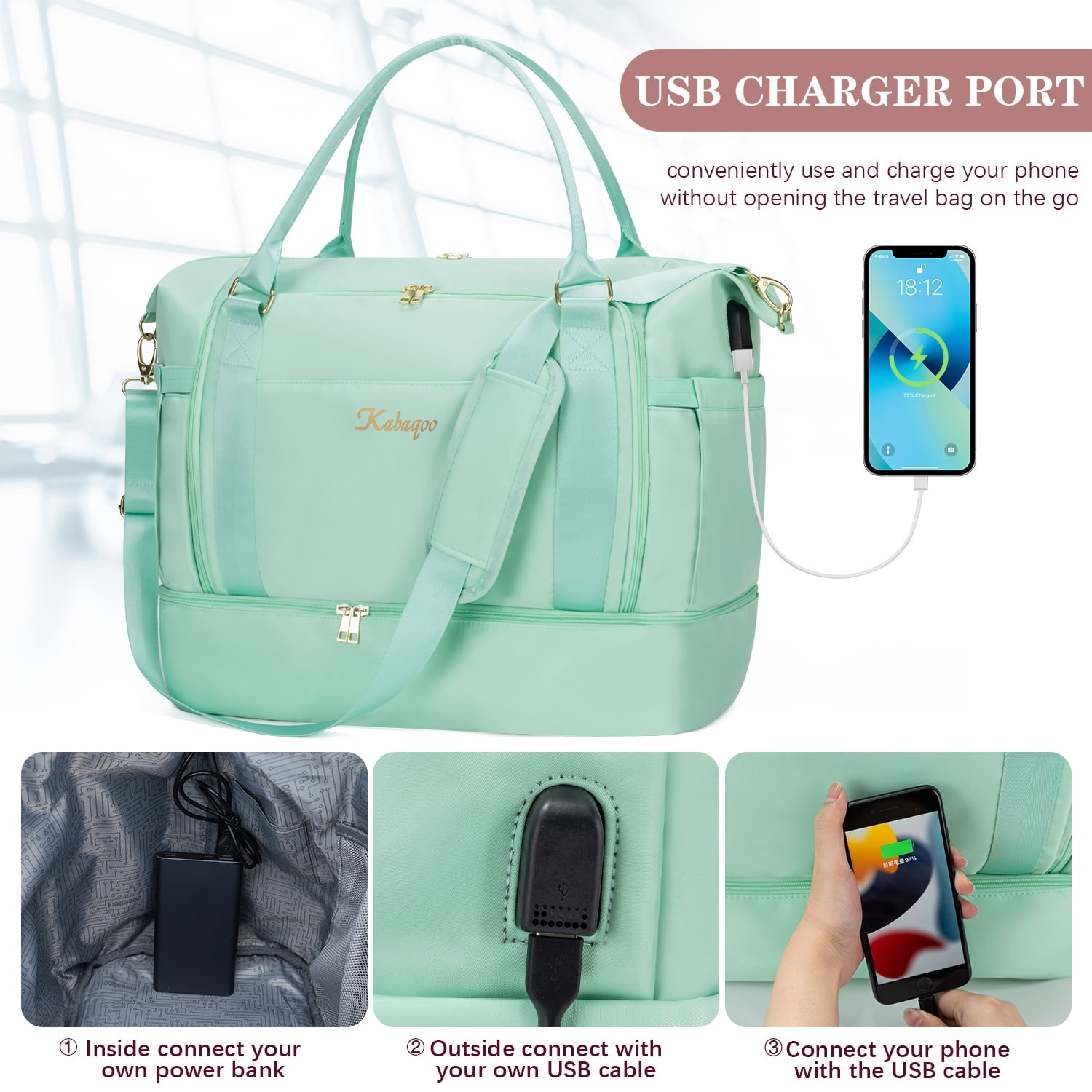 Kabaqoo Travel Duffel Bag with USB Charging Port, Overnight Bag for Women with Shoe Compartment & Wet Pocket