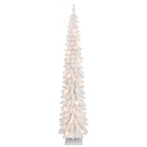 Puleo International  7 ft Pre-Lit Flocked White Artificial Alpine Pencil Tree