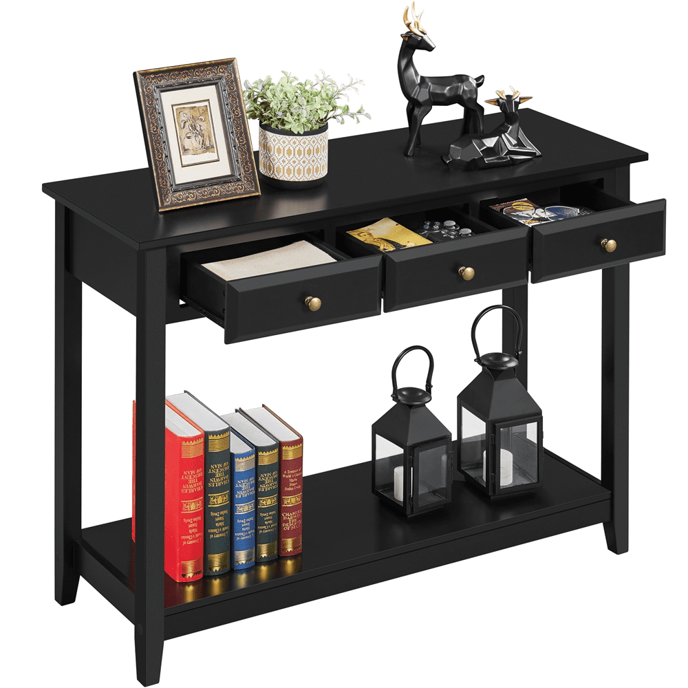 Yaheetech 3-Drawer Wooden Console Table Entryway Table with Storage Shelf Pine Wood Legs, Black
