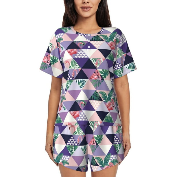 Fotbe Plaid Flamingo Conjunto de Pijama Estampado para Mujer, 2 Piezas, Ropa de Dormir con Camiseta de Manga Corta y Shorts Suaves-3X-Large