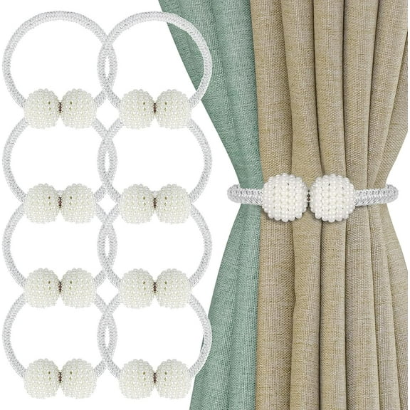 8 Pack Magnetic Curtain Tie Backs with Pearls,Modern Curtain Holdbacks Strap,Decoration for Kindergarten,Outside and Inside Drapes (White)