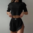 thumbnail image 2 of Jerdar Women's Crop Top Split Hem Shorts Pajama Set Ribbed Short Sleeve Loose for Spring Summer S, 2 of 8