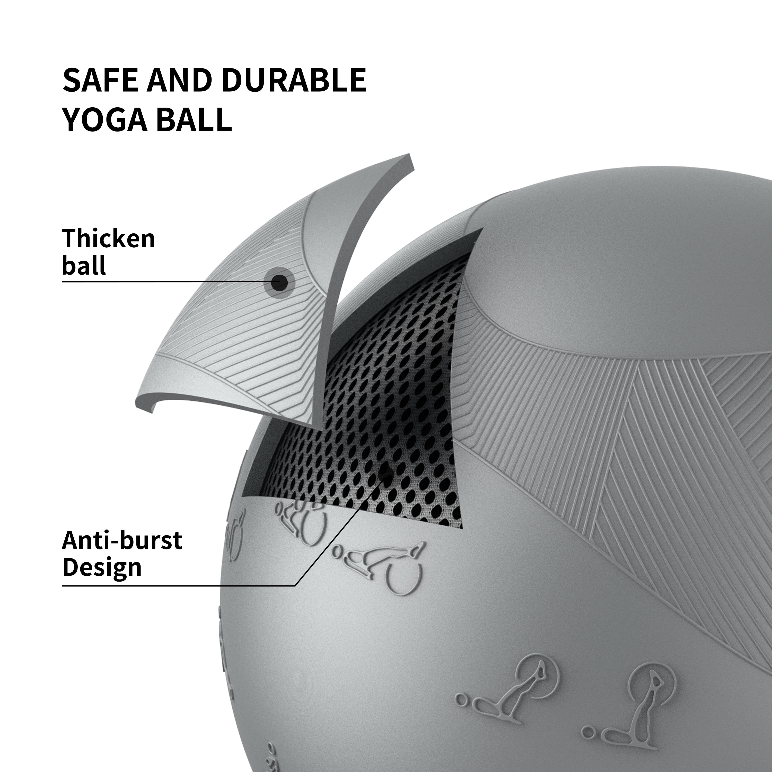 FITMIND Thick Exercise Ball with Embossed Pattern, 29in, Hand Pump, Anti-Burst, Gray