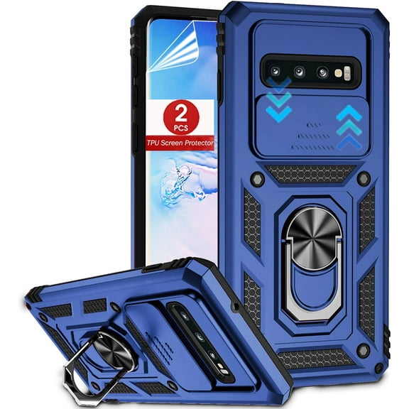 for Samsung Galaxy S10 Case (Not Fit S10 5G) with Slide Camera Cover and TPU Screen Protector [2 Pack], 360° Rotation Ring Kickstand [Military Grade] Case for Galaxy S10 (Blue)