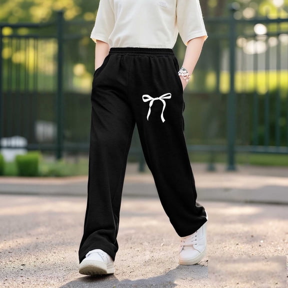 Kids Sweatpants Girls Jogger Pants with Pockets Adjustable Drawstring Trousers Boys Bowknot Black Joggers Boys Size 6-7 Years Pants