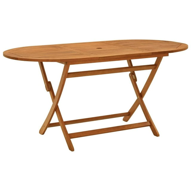 mesa de jardín plegable vidaxl vidabella de madera maciza de eucalipto, vista frontal centrada de mesa ovalada 63 pulg x 33.5 pulg x 29.5 pulg con tablero de lamas y orificio para parasol, patas plegables tipo tijera y acabado al óleo color madera clara sobre fondo neutro; a menudo usada para cenas al aire libre o como mesa auxiliar plegable en eventos.