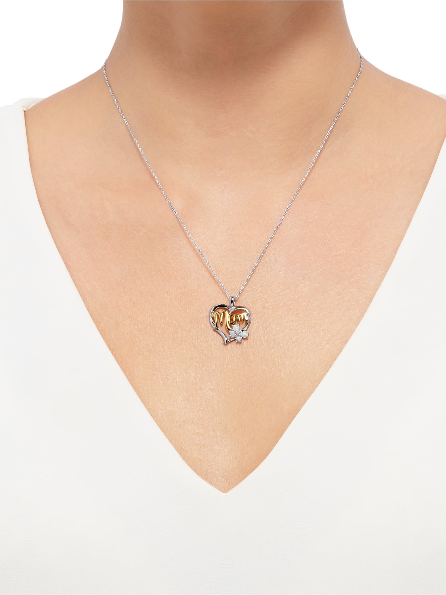 Brilliance Fine Jewelry Created Opal with Diamond Accent 'Mom' Heart in Sterling Silver Pendant, 18" Necklace