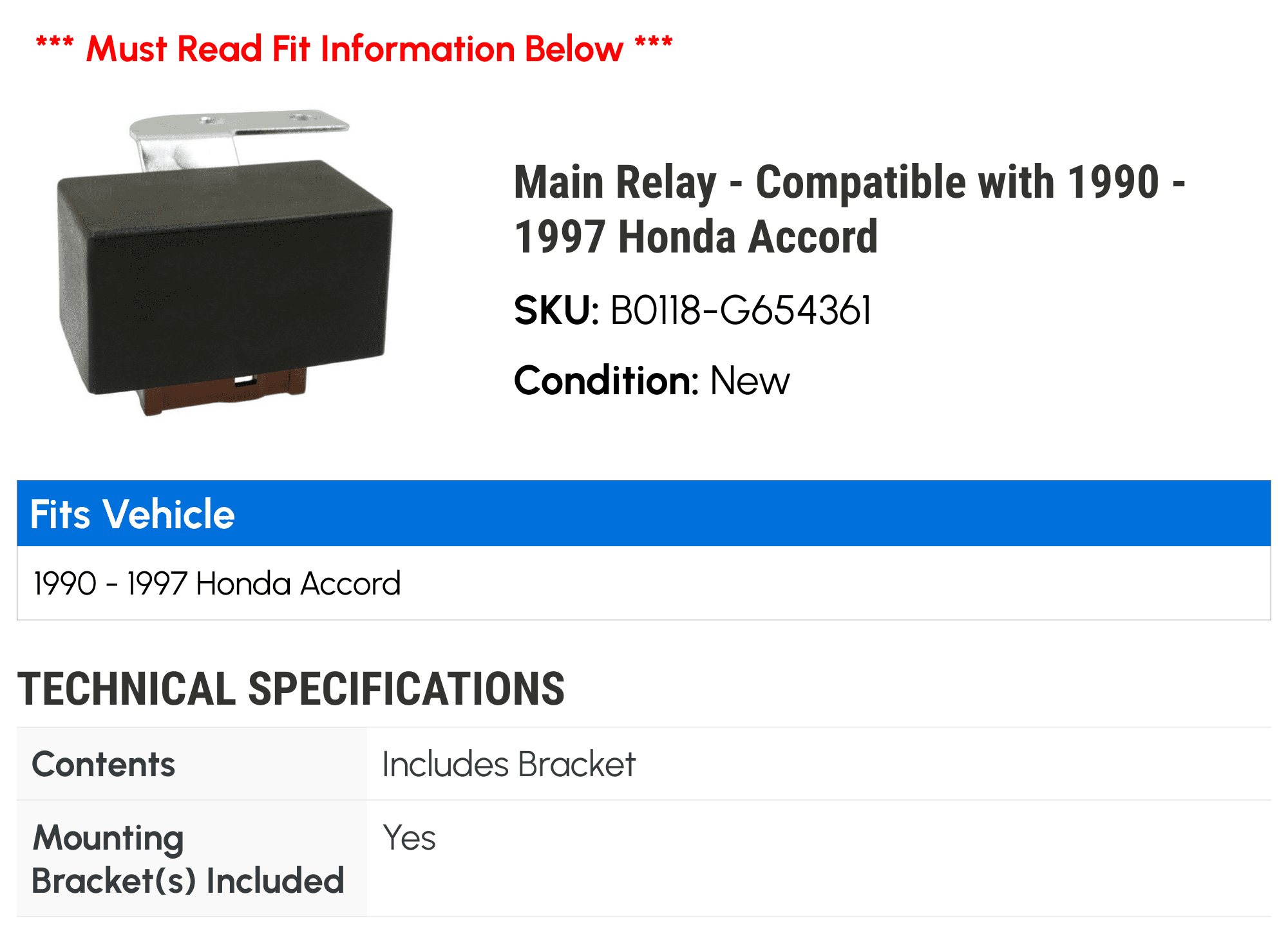 Main Relay - Compatible with 1990 - 1997 Honda Accord 1991 1992 1993 1994 1995 1996
