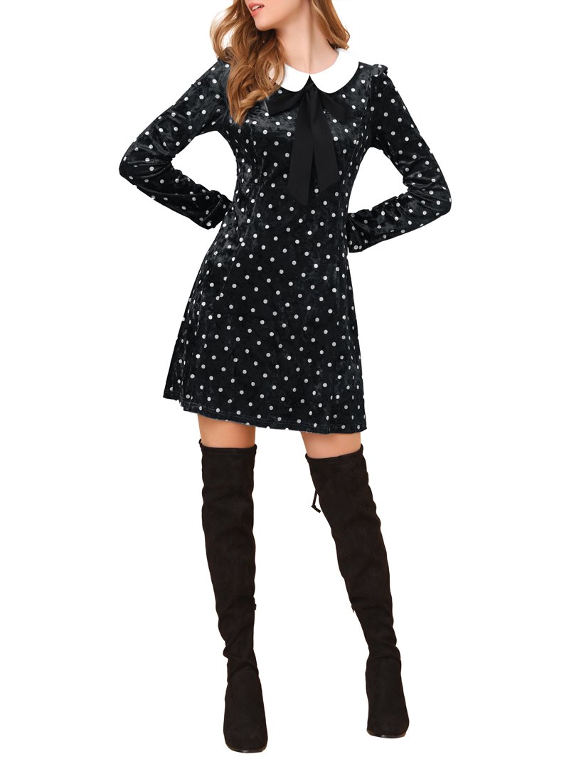 line and dot velvet dress MODA NOVA Junior's Polka Dots A-Line Peter Pan Collar Cute Velvet Dress