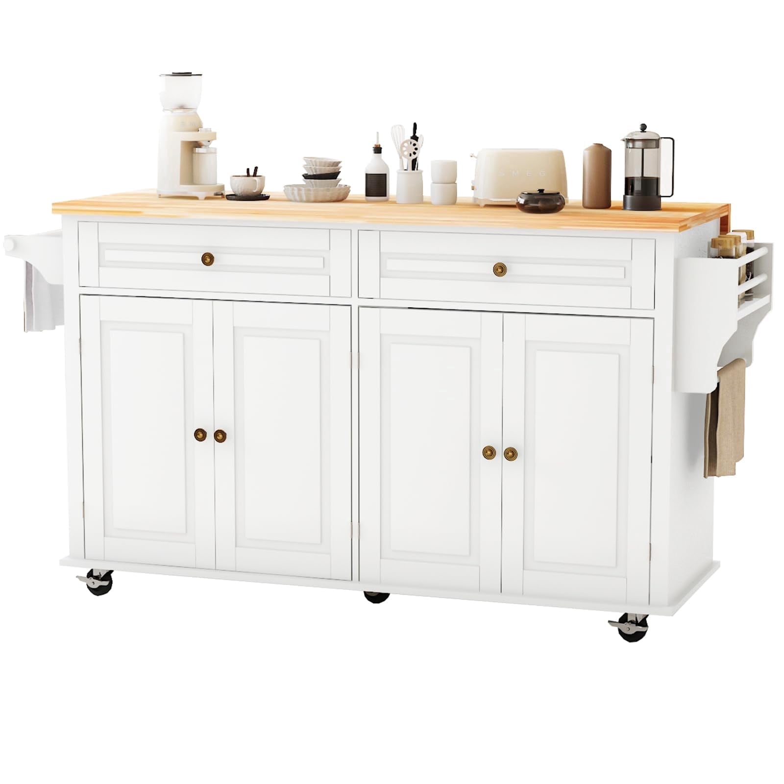 JassmiPkwy 67’’ Movable Kitchen Island with Drop Leaf Countertop, with Storage, 2 Drawers, Towel Rack, White